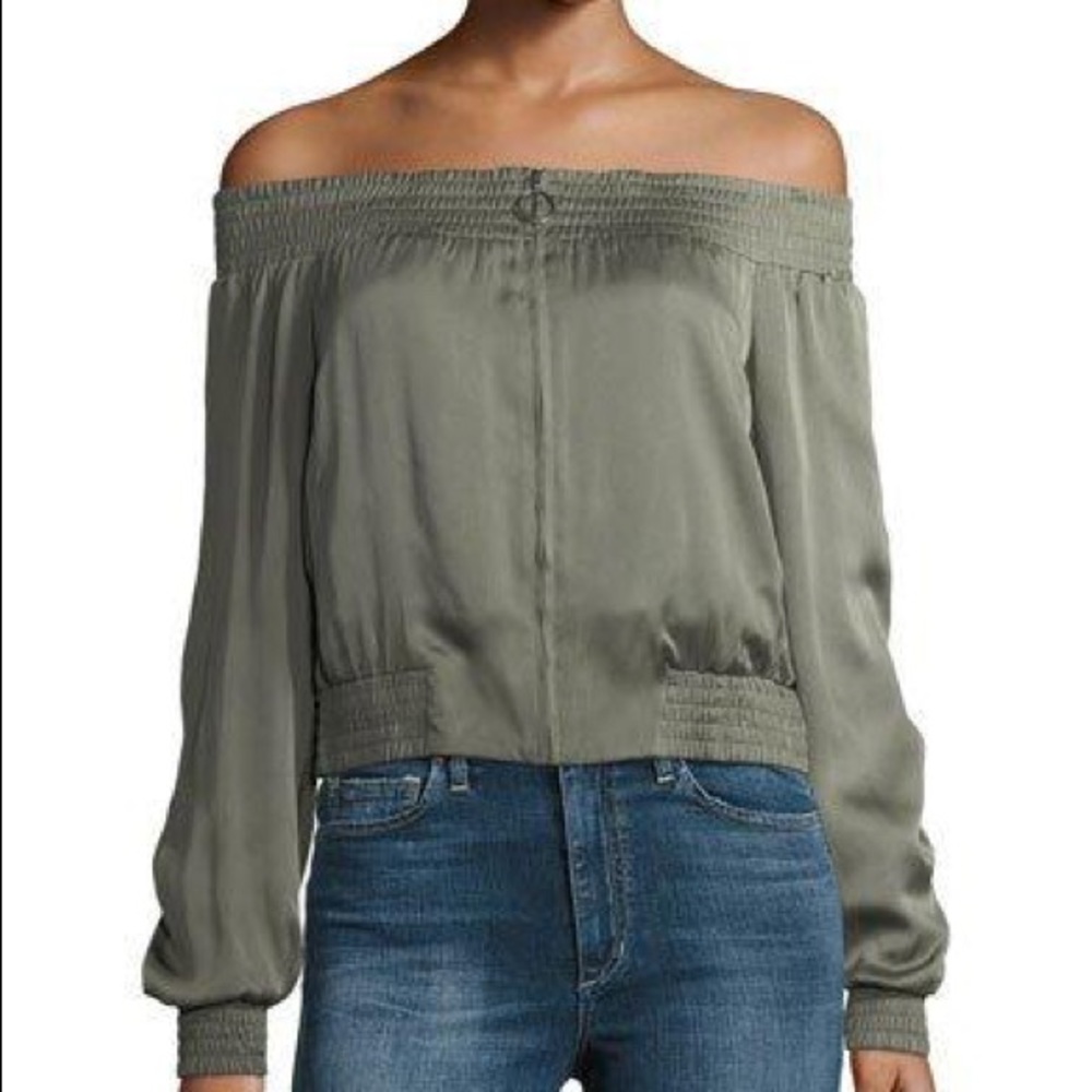 BCBG Marco Off-the-Shoulder Zip-Front Satin Top
